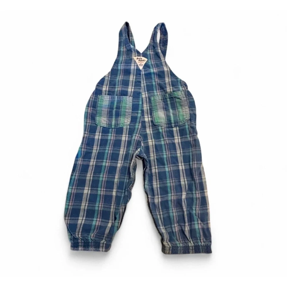 Vintage Baby B'gosh Plaid Overalls 18M Blue Green Cotton Romper USA